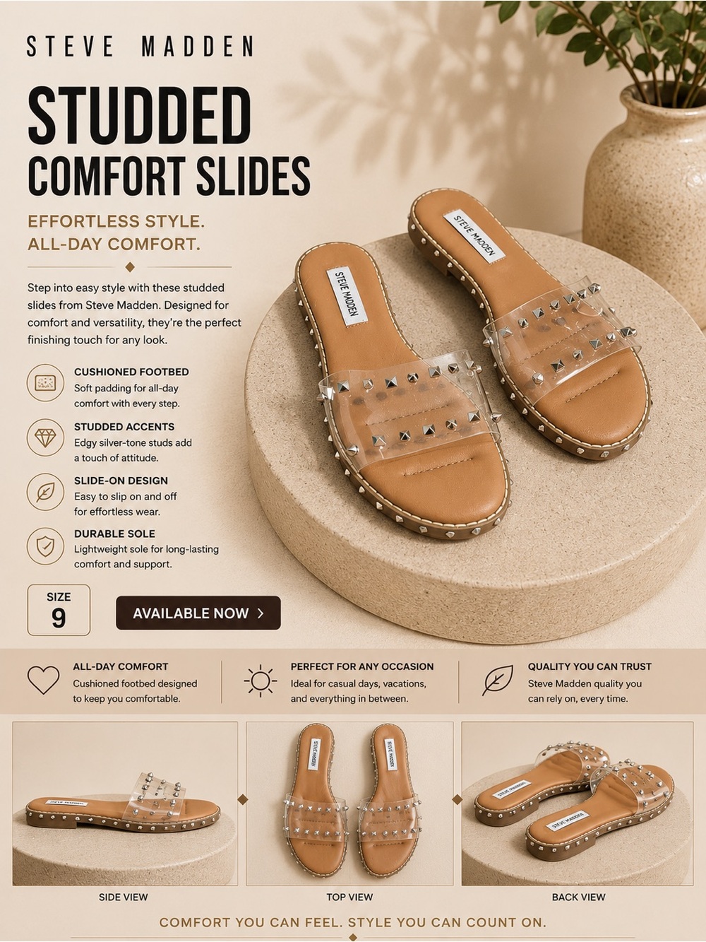 Steve Madden AVERILL Clear Studded Slide Sandals Tan Silver Size 9